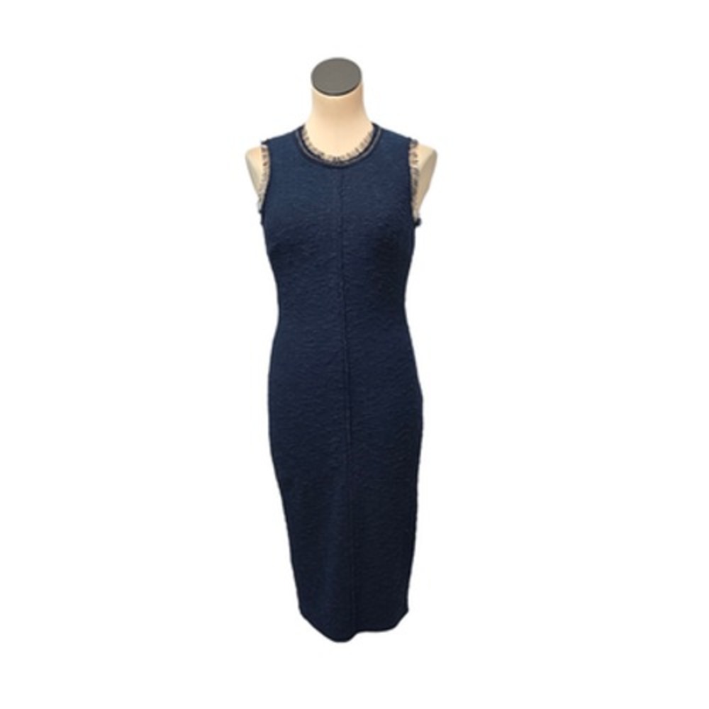 Rebecca Taylor Dress Womens Size 2 Navy Blue Sleeveless Sheath‎ Chain Trim Tweed